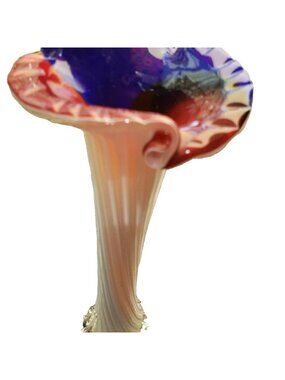 Art Glass Vase Hand Blown Lily 12in" Tall Red White Blue Polished Pontil Vtg